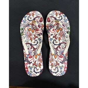 Tory Burch Paisley Flip Flop Sandals Multi-colored Floral Logo Charm Sz 7 New